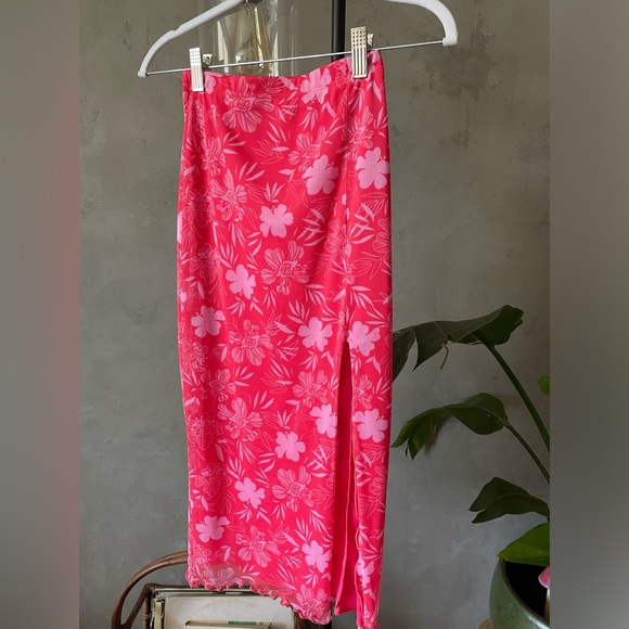 Pink Mesh Midi Skirt w/ Hawaiian Floral Print - Picture 1 of 5